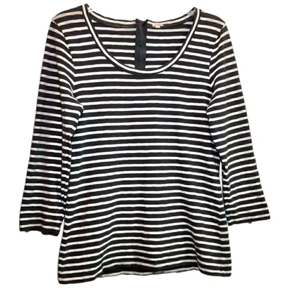 J Crew Striped Top with 3/4 Length Sleeves in Charcoal Grey/White Women’s Large